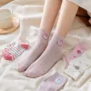 Pink striped cartoon socks for girls, pure cotton mid-calf socks for spring and summer, comfortable and breathable details Picture